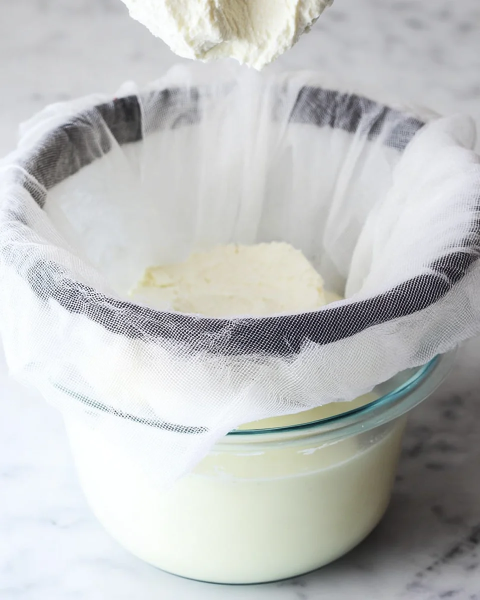 Ricotta cheese being strained through cheesecloth