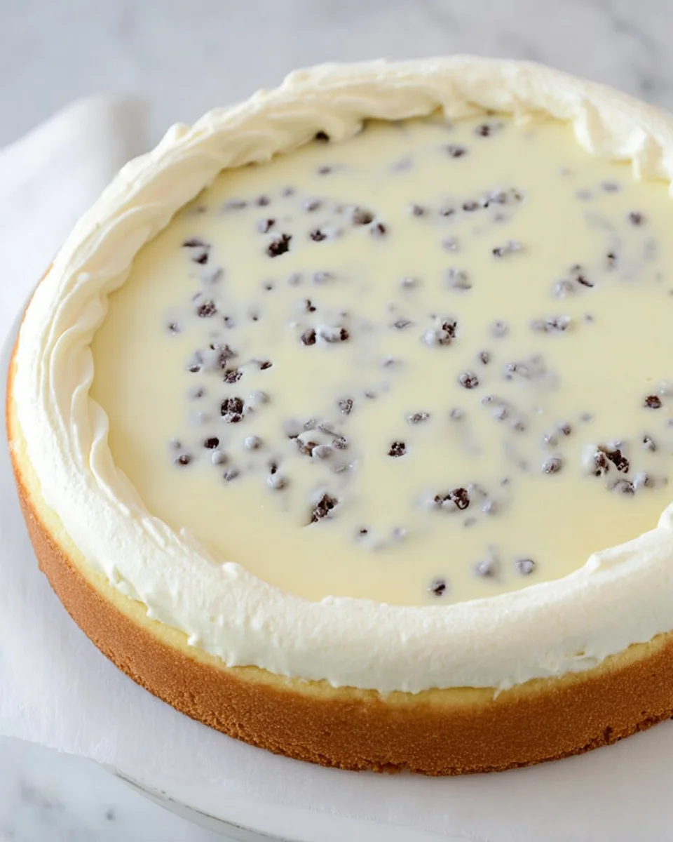 A cake layer topped with cannoli filling and buttercream