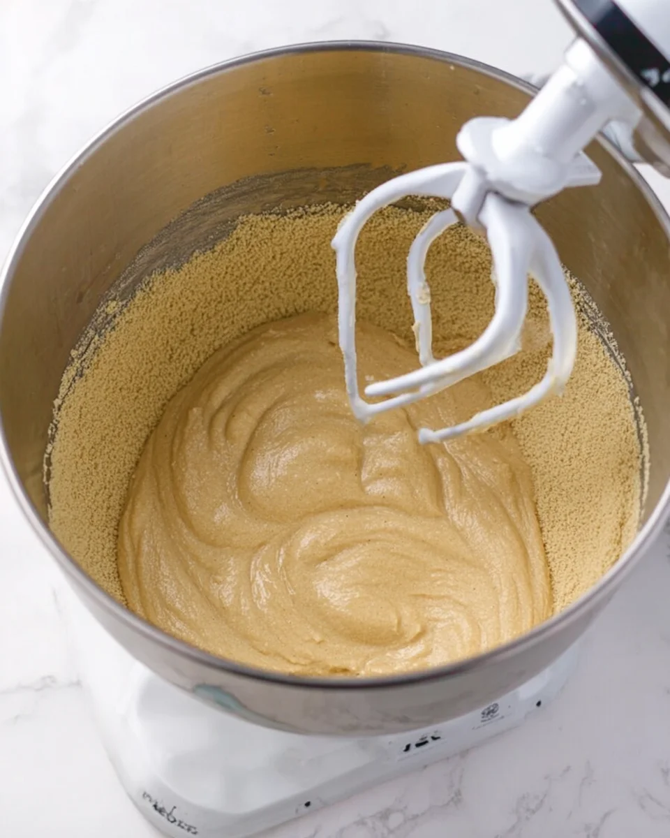 A mixing bowl with creamed cake batter ingredients.
