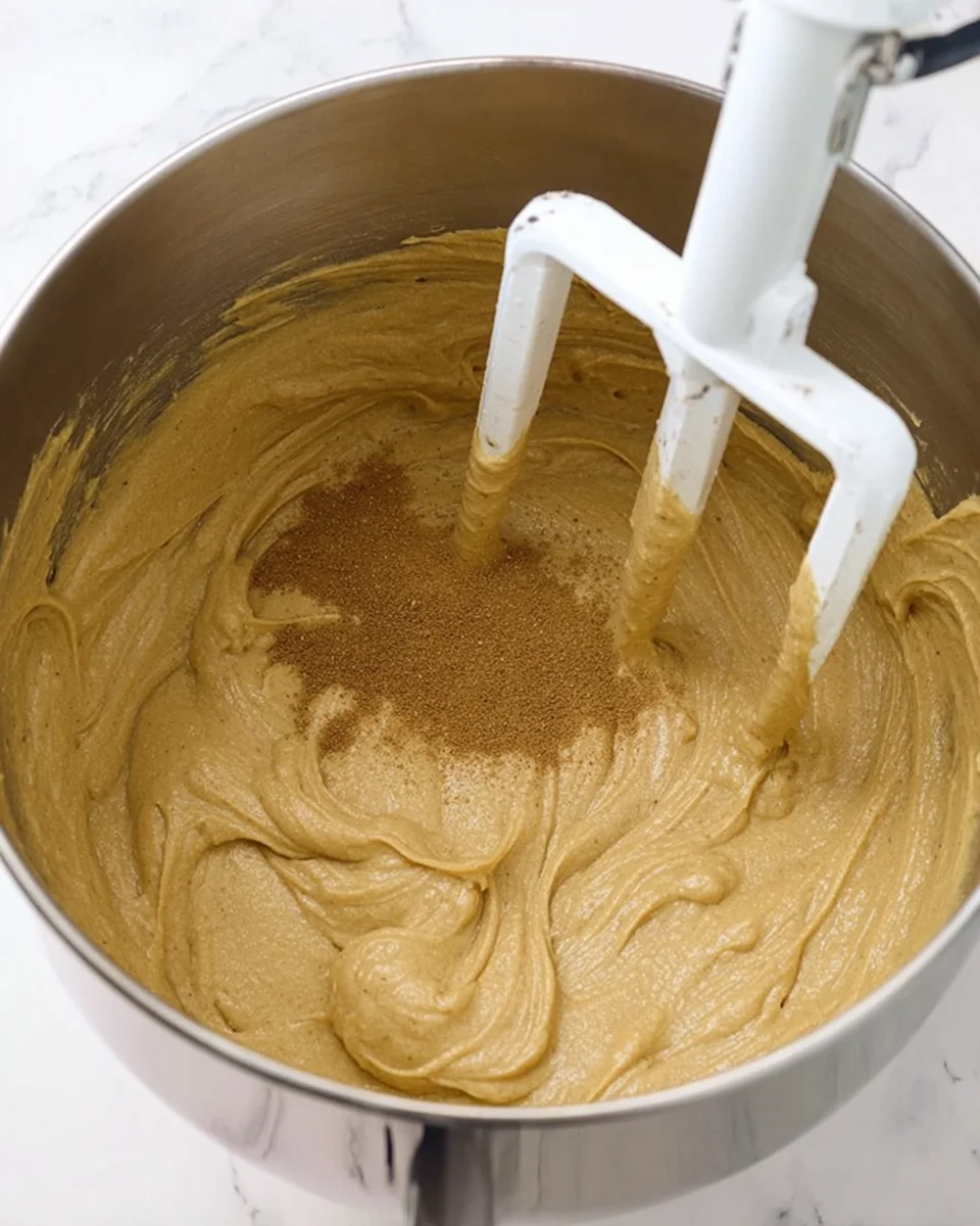 A mixing bowl of cake batter with spices added to it.
