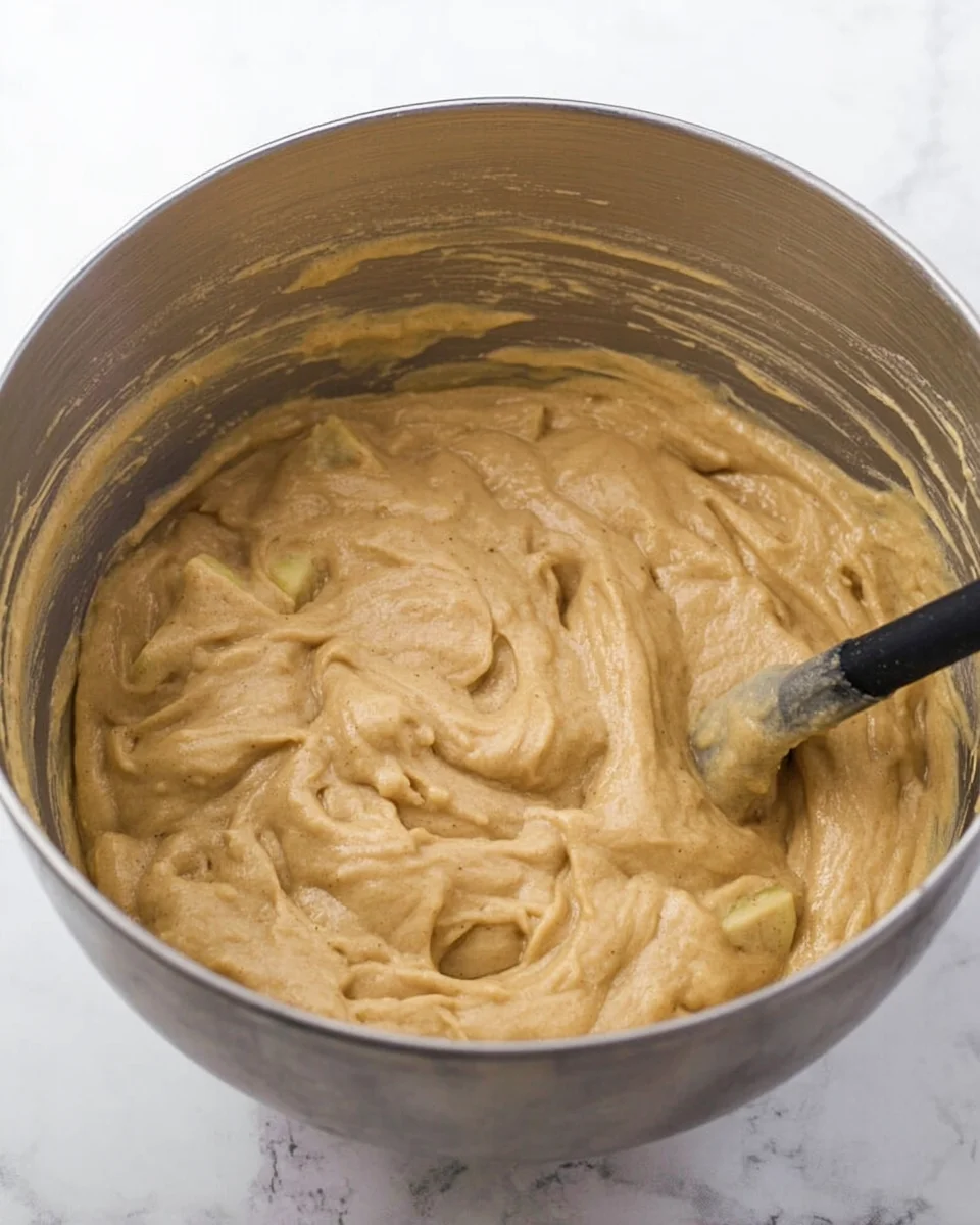 A mixing bowl filled with apple cake batter with a spatula sticking out.