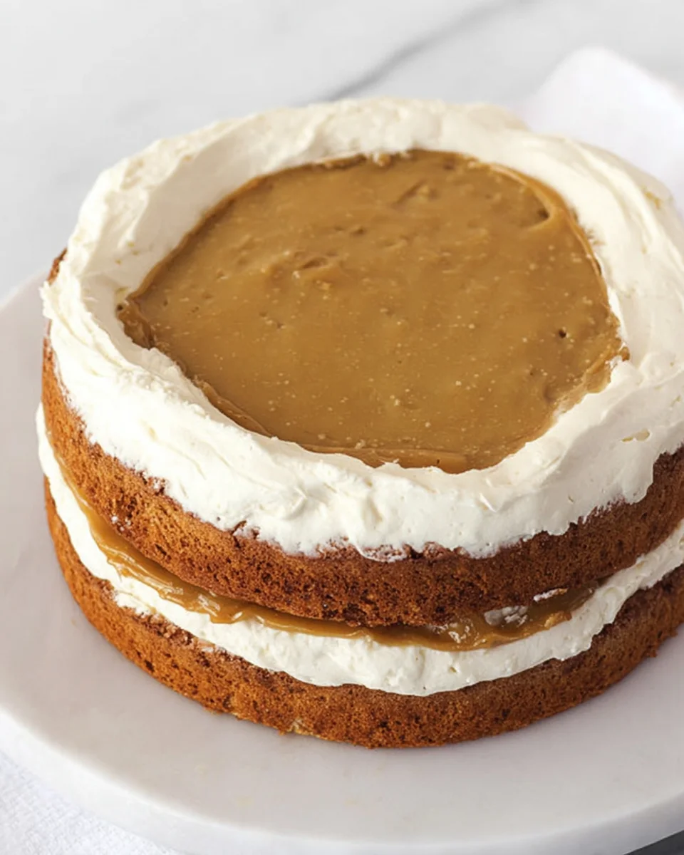 Layer cake with a buttercream dam holding caramel filling in the center.