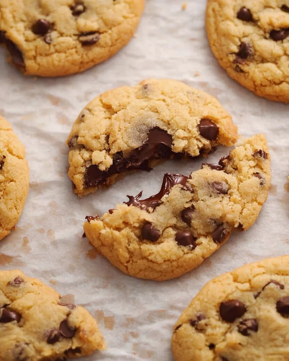 A close-up of chocolate chip cookies on parchment paper, with one broken in half to reveal a gooey chocolate interior.