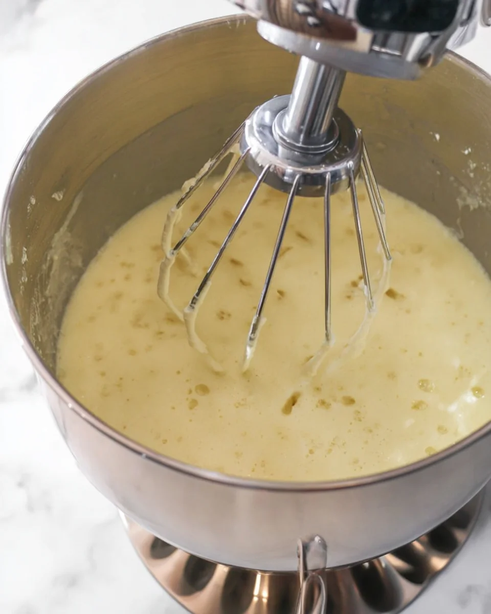 With a fluffy cake, creamy filling, and rich chocolate ganache, this Chocolate Swiss Roll recipe has all the elements of the classic treat. A mixer combining wet cake batter ingredients