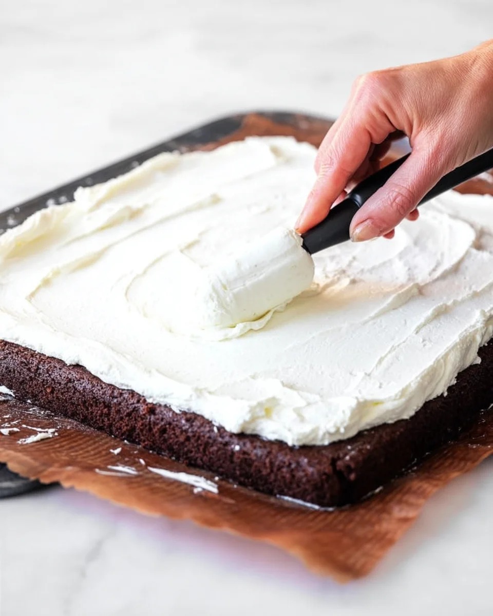 With a fluffy cake, creamy filling, and rich chocolate ganache, this Chocolate Swiss Roll recipe has all the elements of the classic treat. Whipped cream filling being spread on chocolate cake