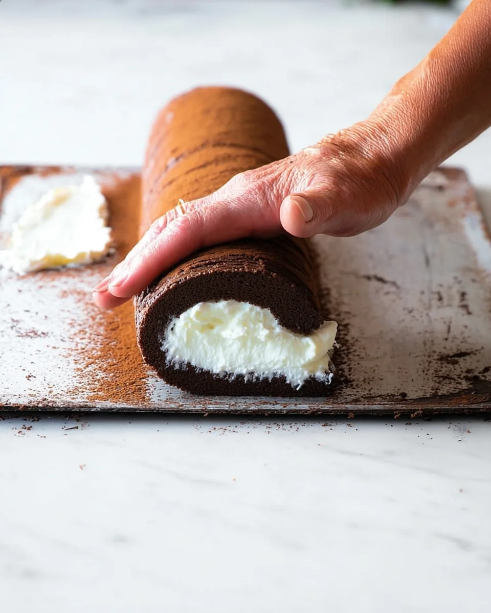 With a fluffy cake, creamy filling, and rich chocolate ganache, this Chocolate Swiss Roll recipe has all the elements of the classic treat. A hand rolling a Swiss roll cake over the filling