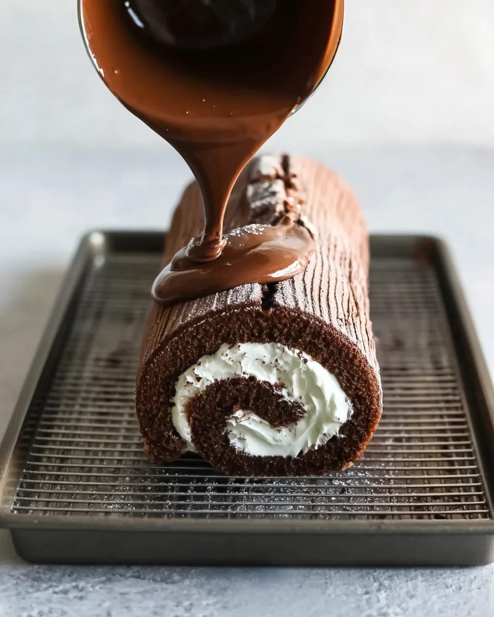 With a fluffy cake, creamy filling, and rich chocolate ganache, this Chocolate Swiss Roll recipe has all the elements of the classic treat. Chocolate glaze being poured over a chocolate roll cake