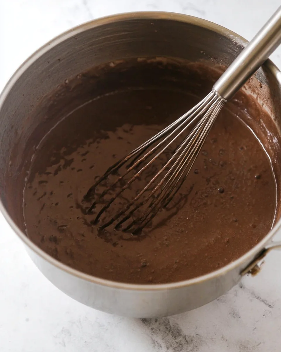 With a fluffy cake, creamy filling, and rich chocolate ganache, this Chocolate Swiss Roll recipe has all the elements of the classic treat. A whisk combining chocolate cake batter ingredients