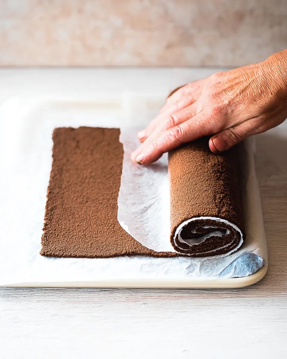 With a fluffy cake, creamy filling, and rich chocolate ganache, this Chocolate Swiss Roll recipe has all the elements of the classic treat. Fingers rolling a chocolate roll cake in parchment paper