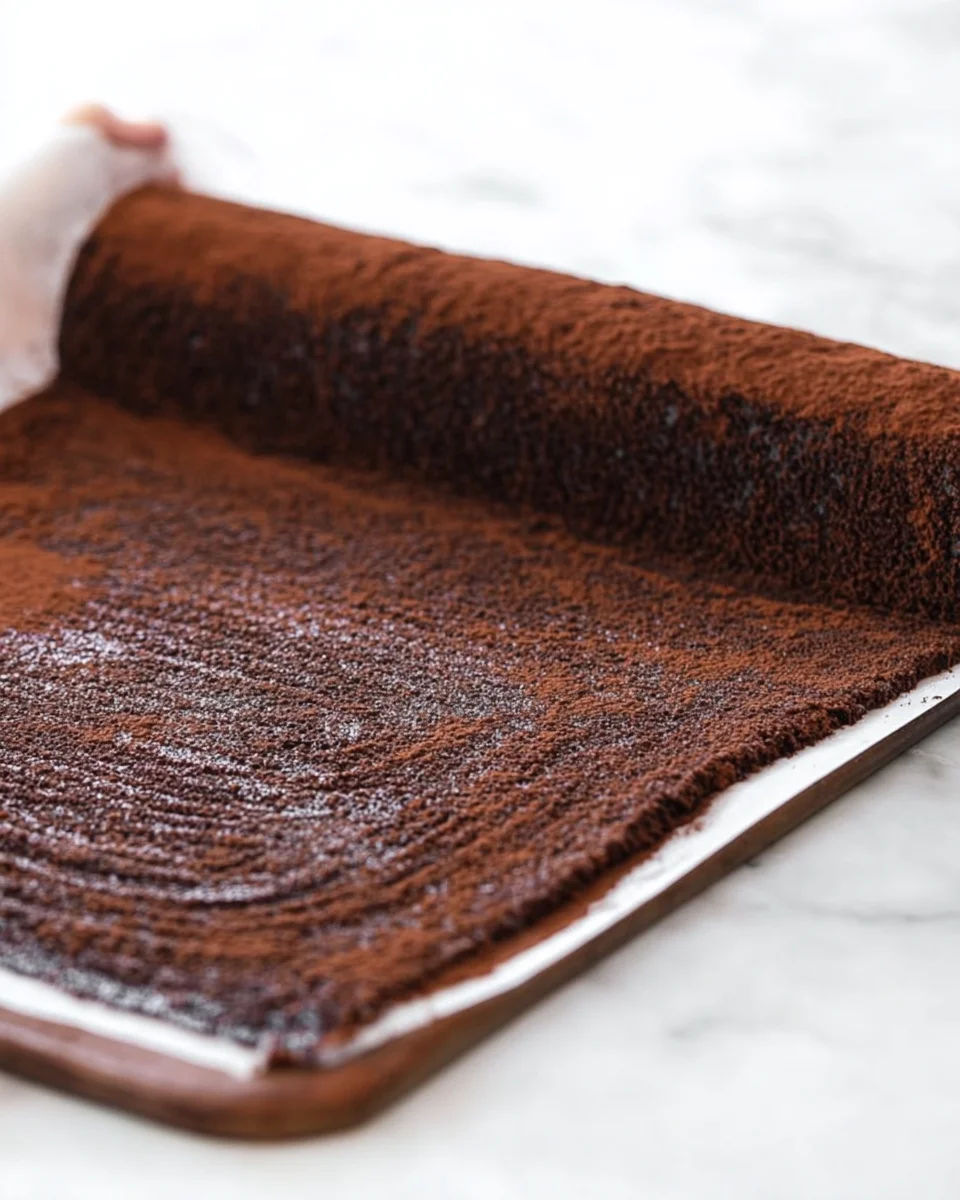 With a fluffy cake, creamy filling, and rich chocolate ganache, this Chocolate Swiss Roll recipe has all the elements of the classic treat. Chocolate roll cake being unrolled