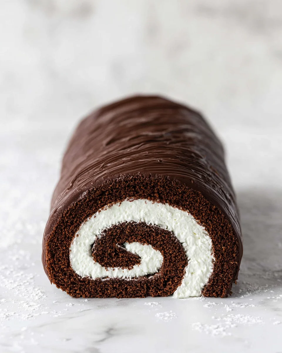 With a fluffy cake, creamy filling, and rich chocolate ganache, this Chocolate Swiss Roll recipe has all the elements of the classic treat. A chocolate Swiss roll cake on a marble counter
