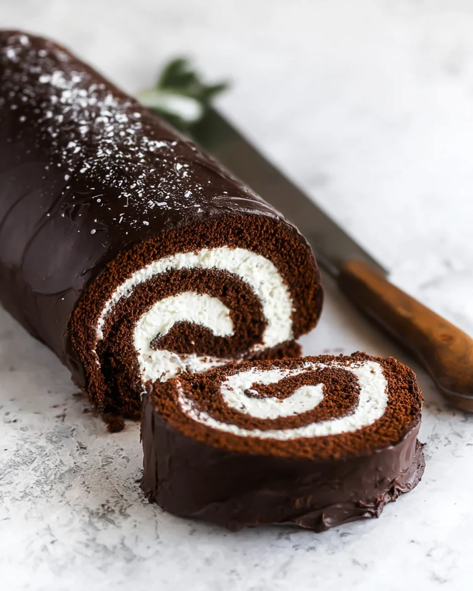 With a fluffy cake, creamy filling, and rich chocolate ganache, this Chocolate Swiss Roll recipe has all the elements of the classic treat. A homemade chocolate Swiss roll with two pieces sliced