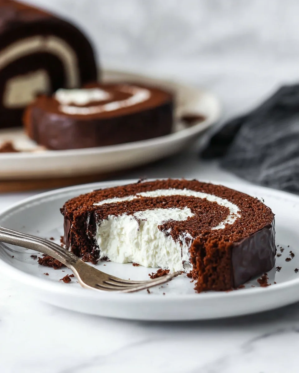 A slice of chocolate Swiss roll with a bite missing on a plate A slice of chocolate Swiss roll with a bite missing on a plate