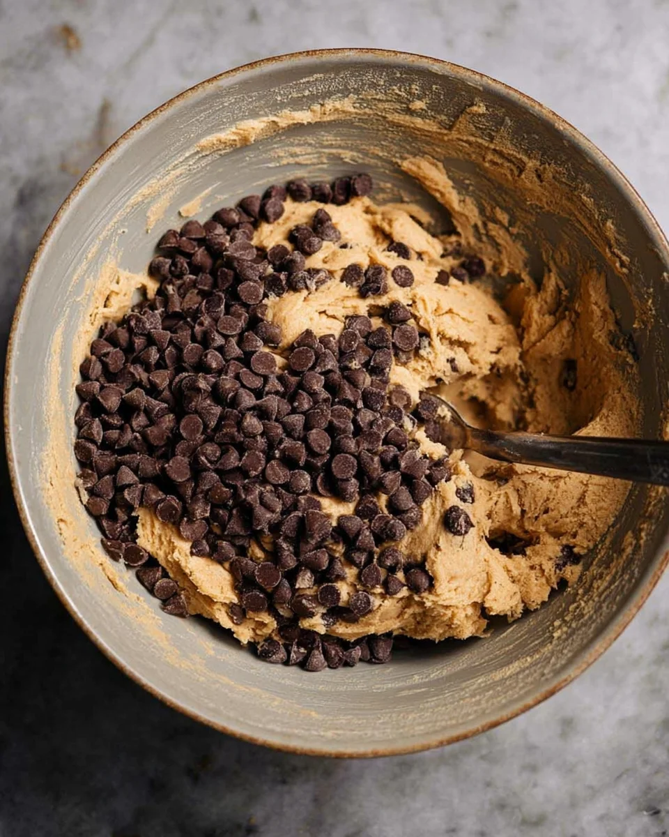 A mixing bowl with cookie dough and a generous amount of chocolate chips, perfect for making delicious chocolate chip cookies, is being stirred with a spoon.