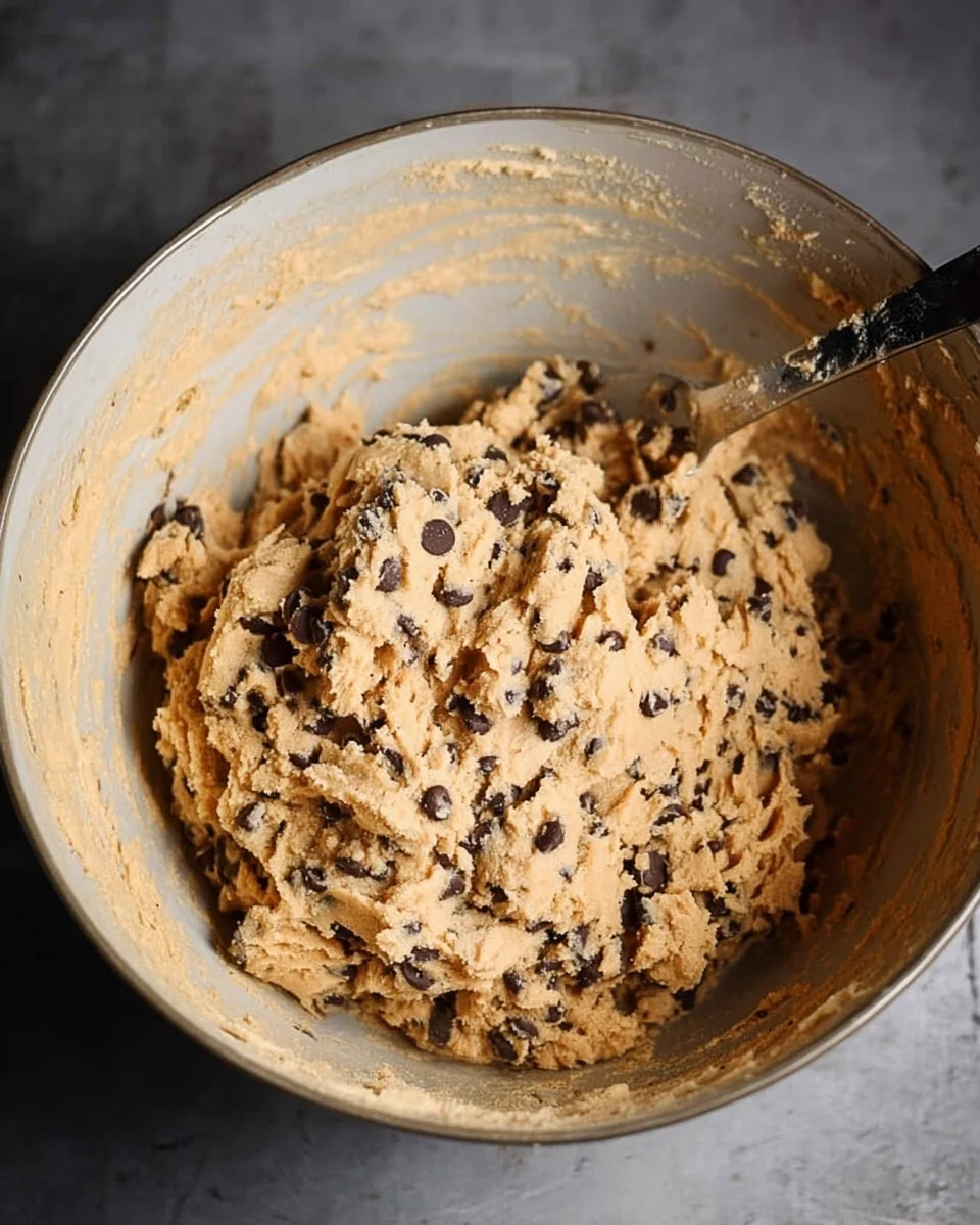 A mixing bowl filled with chocolate chip cookie dough, with a spoon sticking out from the top of the dough, exudes the promise of freshly baked chocolate chip cookies.