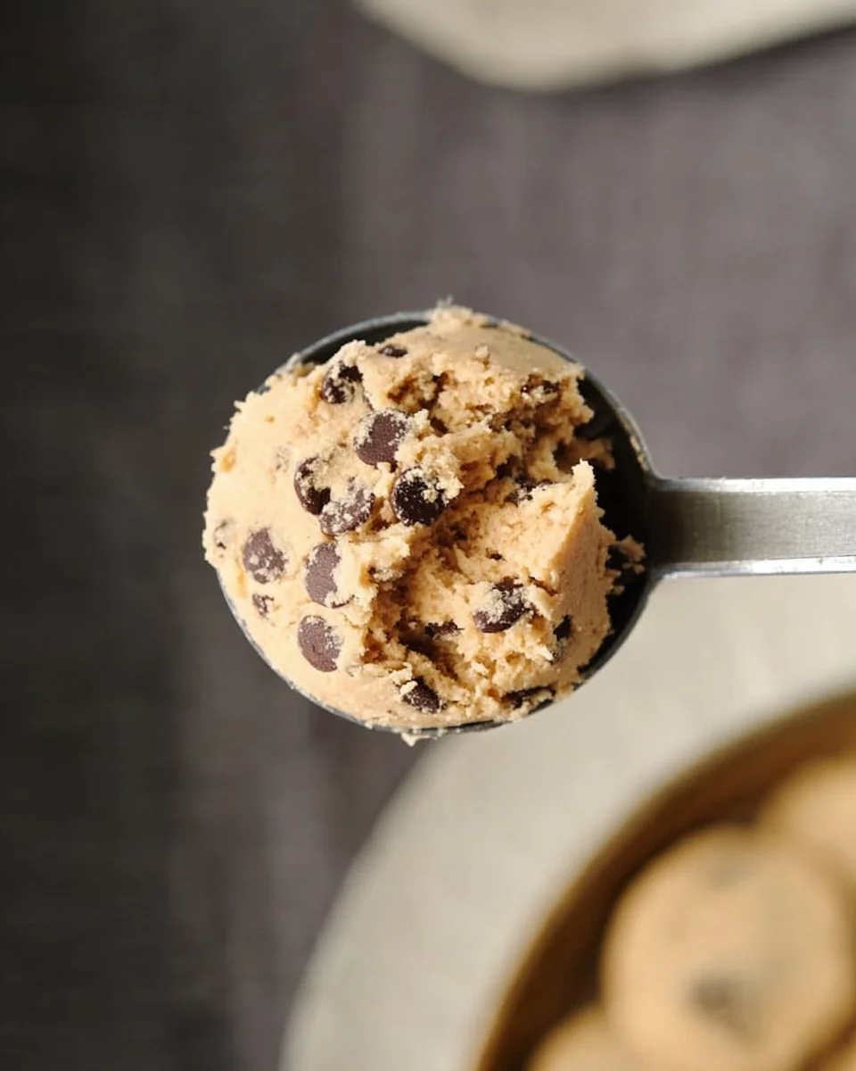 Close-up of a metal scoop holding a portion of chocolate chip cookie dough, with a blurred background featuring a bowl of chocolate chip cookies and a baking sheet.