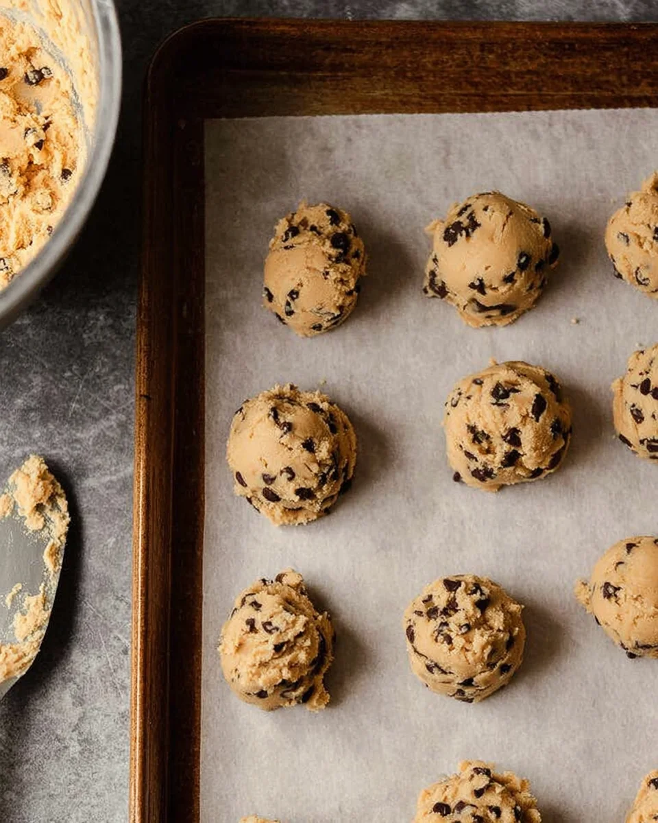 A baking tray lined with parchment paper holds multiple scoops of raw chocolate chip cookie dough, ready to become delicious chocolate chip cookies. A mixing bowl of dough is partially visible on the left side.