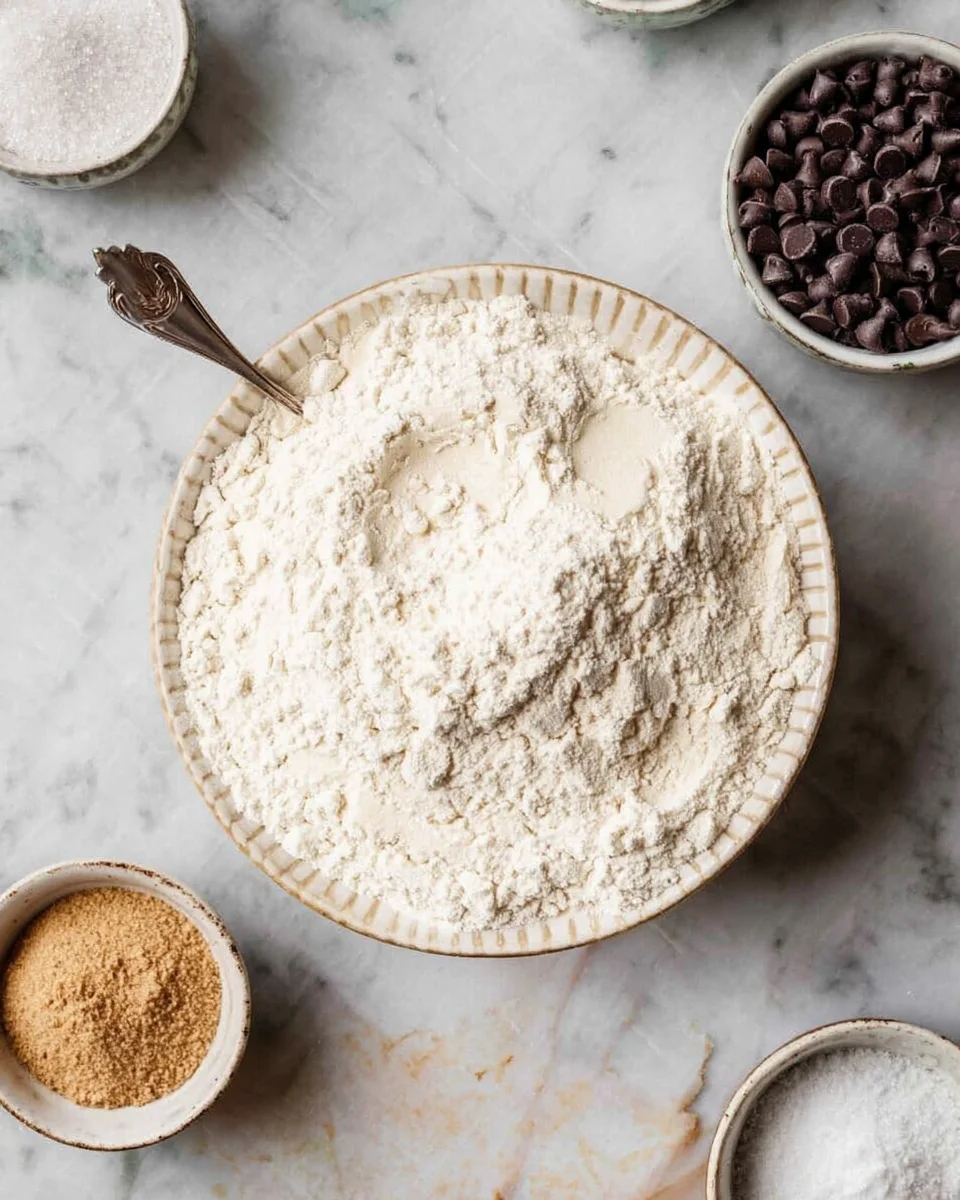 A bowl filled with flour and a spoon inside, surrounded by smaller bowls containing chocolate chips, sugar, and brown sugar on a marble surface—the perfect scene to start baking chocolate chip cookies.