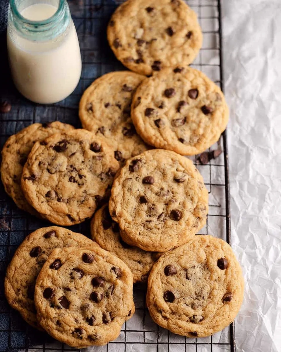 Chocolate chip cookies cooling on a wire rack with a vintage glass bottle of milk in the background.