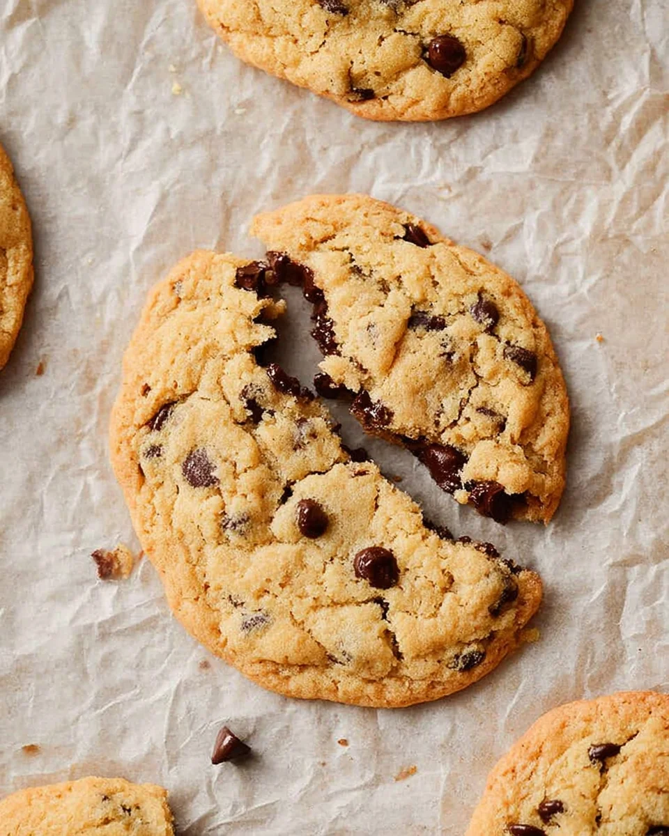 Close-up of chocolate chip cookies, with one broken into two pieces, placed on parchment paper, surrounded by other whole cookies.