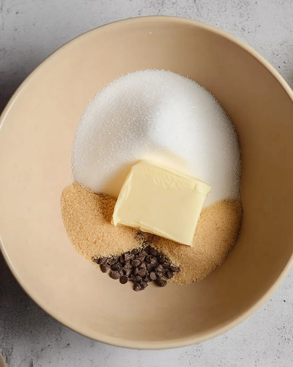 A bowl containing soft butter, white granulated sugar, and light brown sugar, ready to be mixed for chocolate chip cookies.
