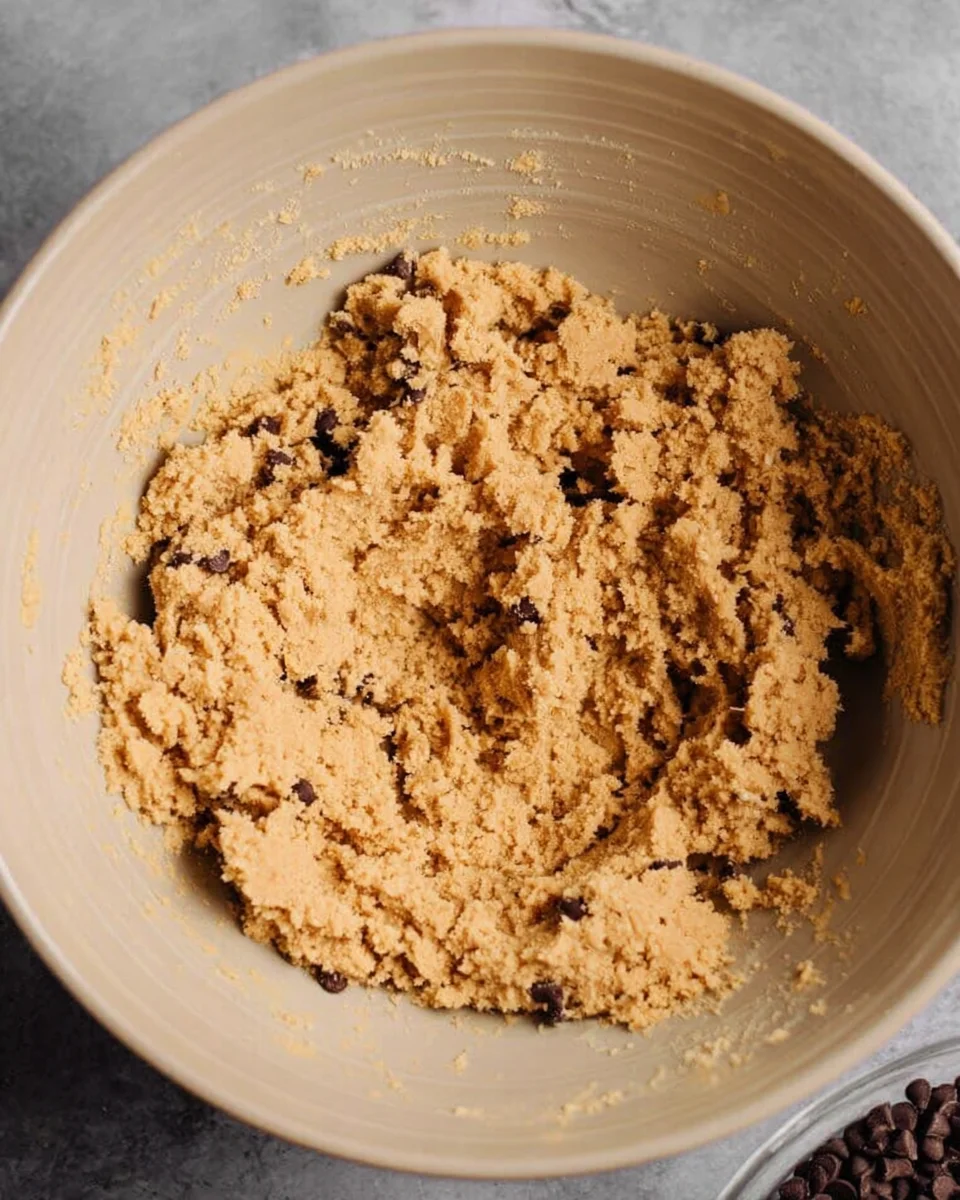 A bowl of beige-colored cookie dough, freshly mixed and ready for baking, promises warm batches of chocolate chip cookies.