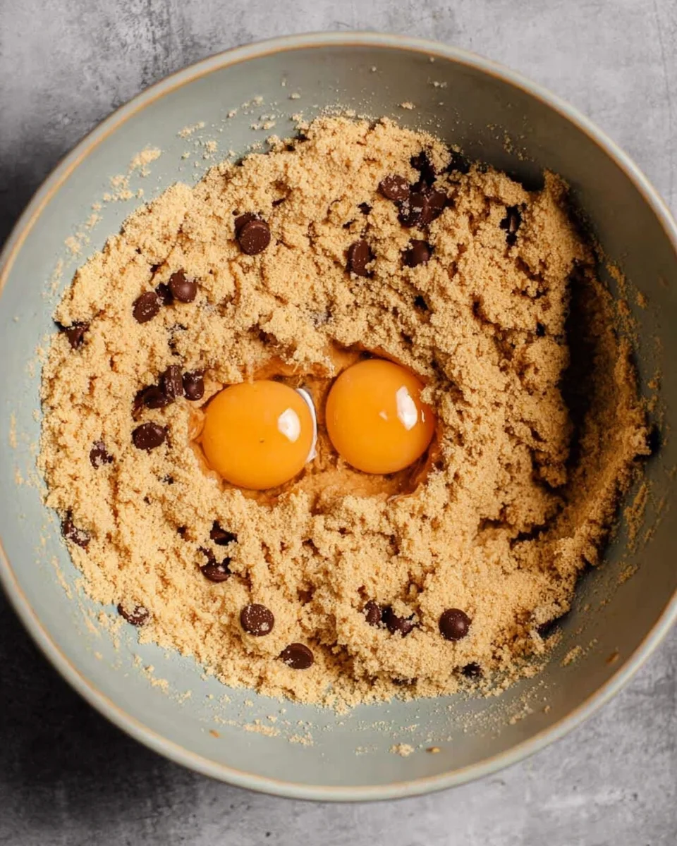 A mixing bowl with cookie dough mixture and two cracked eggs on top, ready to be combined into delicious chocolate chip cookies.