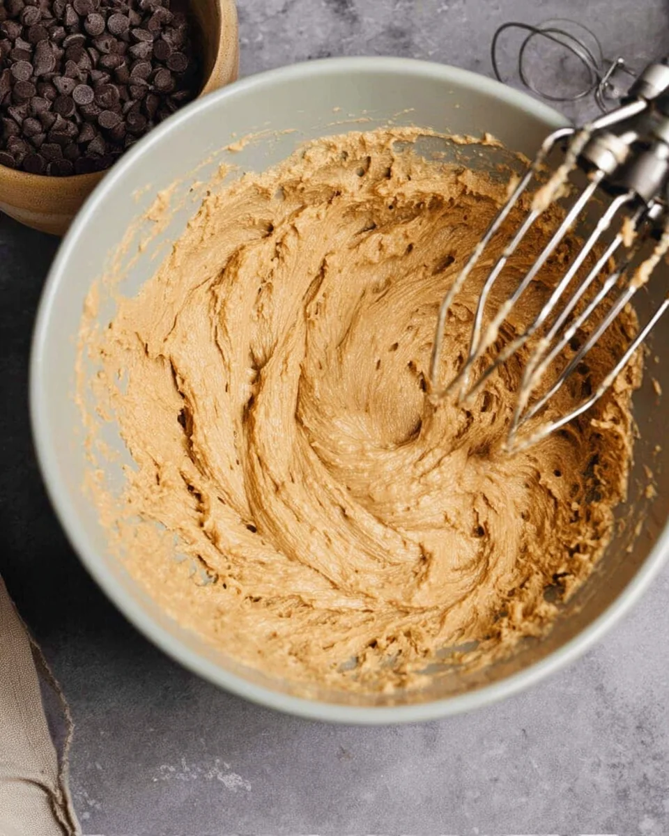 A mixing bowl containing light brown batter with electric mixer beaters inserted, placed on a gray surface, with a bowl of chocolate chips partially visible to the left—perfect for making chocolate chip cookies.
