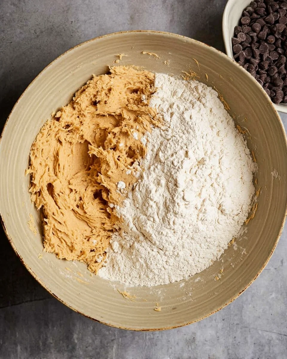 A mixing bowl containing partially mixed chocolate chip cookie dough with a pile of flour on one side.