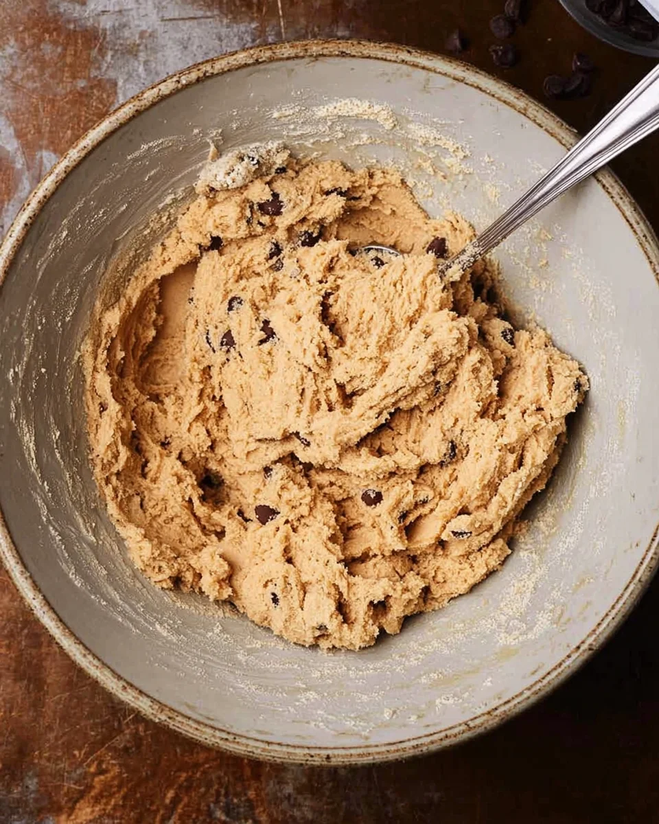 A bowl with a mixture of cookie dough, perfect for making chocolate chip cookies, and a spoon sticking out.