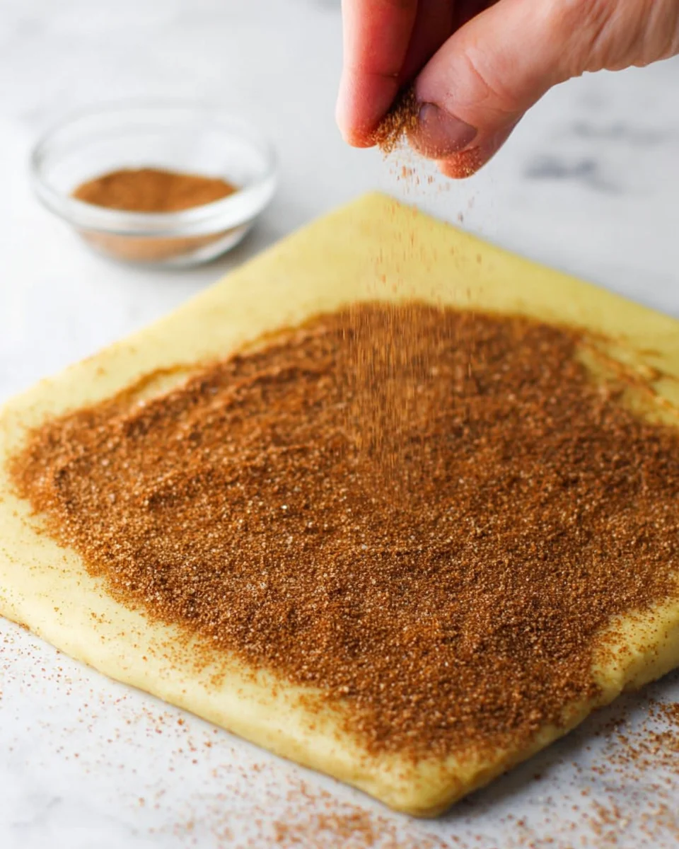 Cinnamon sugar being sprinkled over cookie dough