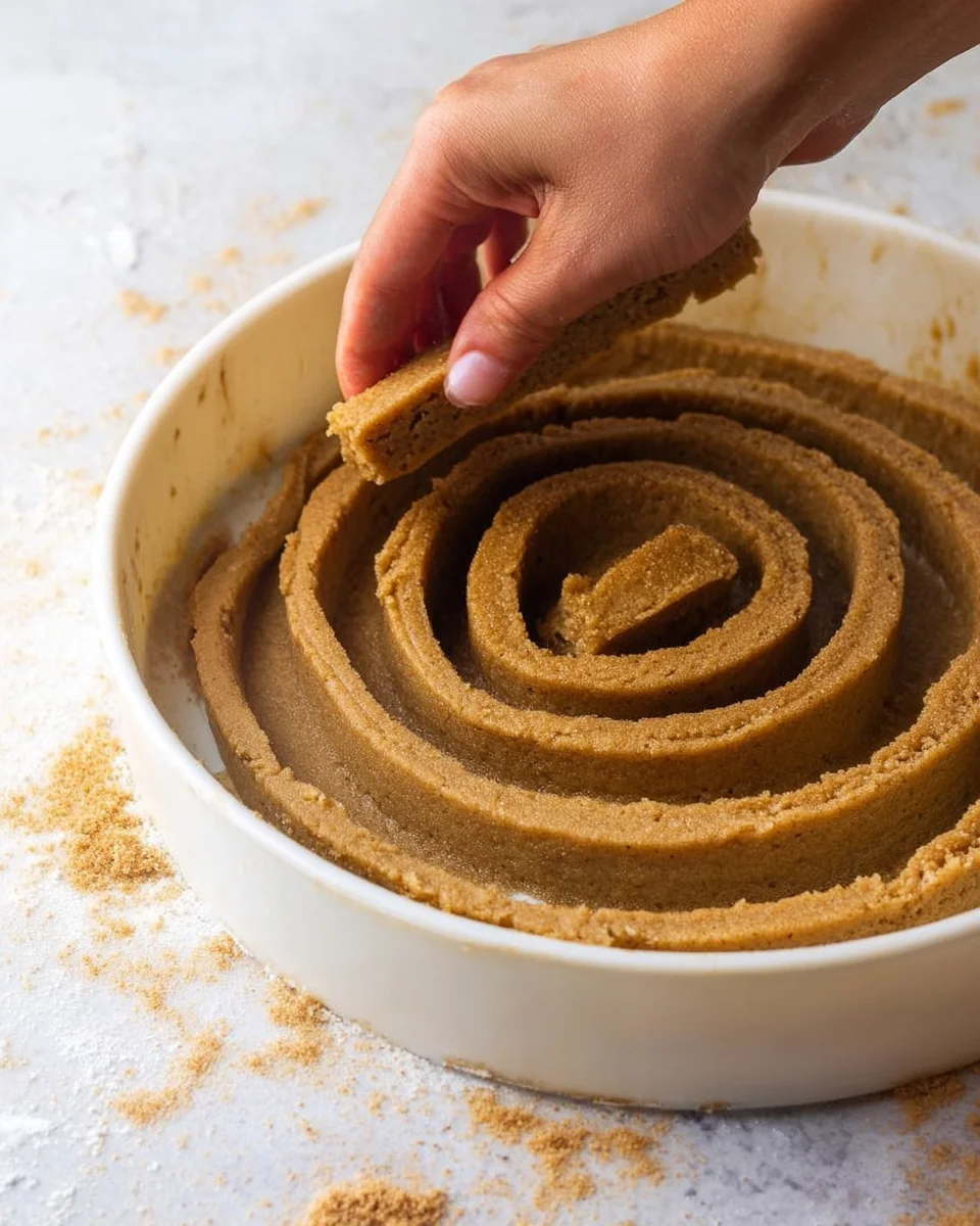 Strips of cookie dough being added to the spiral
