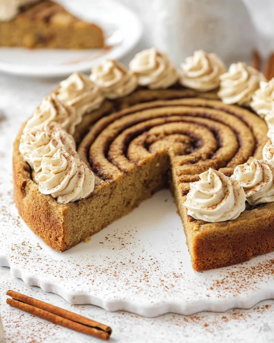 A cinnamon roll cookie cake with a slice missing