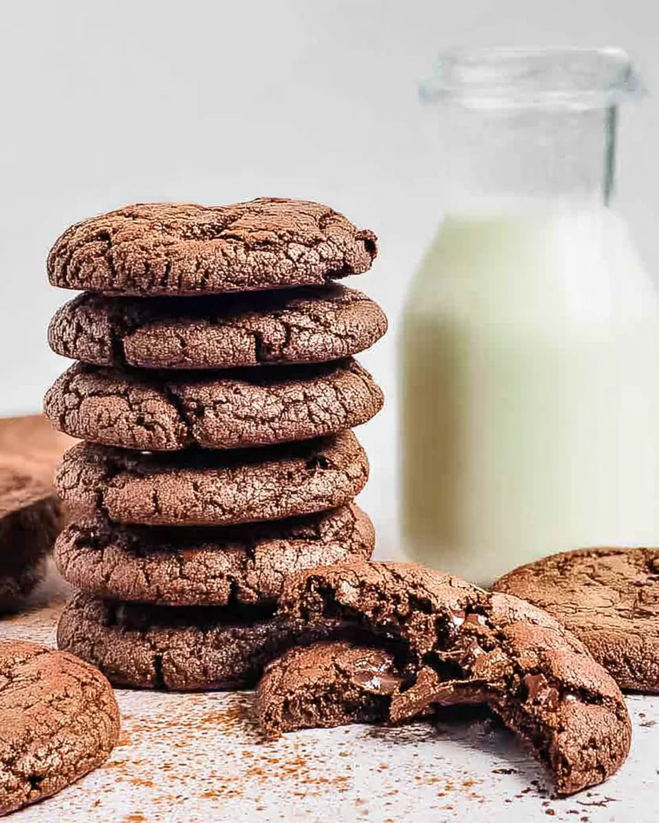 A stack of double chocolate chip cookies, one with a bite out of it, and a jug of milk. A stack of double chocolate chip cookies, one with a bite out of it, and a jug of milk.