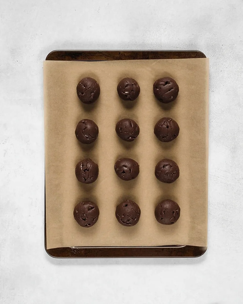 Double chocolate chip cookie dough balls on a prepared baking sheet. Double chocolate chip cookie dough balls on a prepared baking sheet.