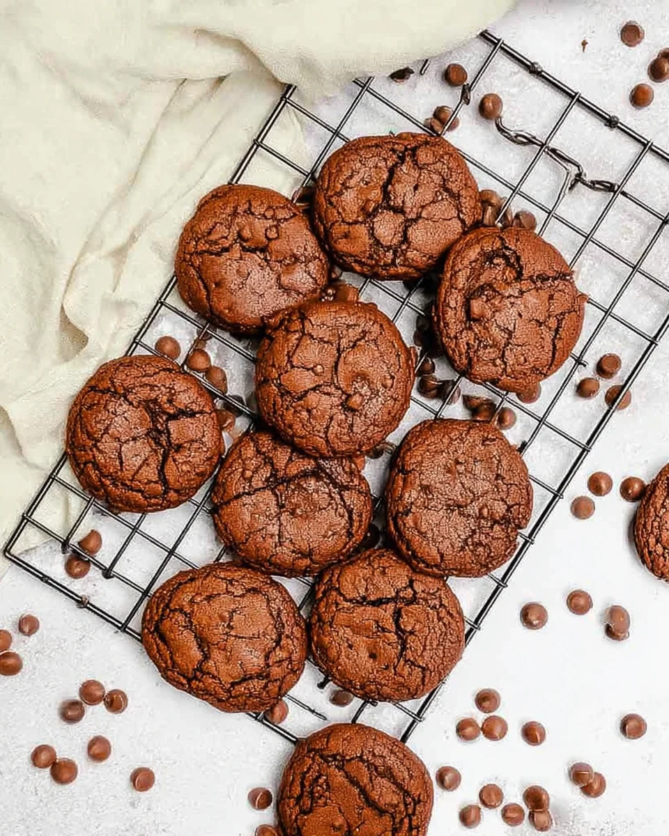 Double chocolate chip cookies on a wire rack with chocolate chips surrounding them. Double chocolate chip cookies on a wire rack with chocolate chips surrounding them.
