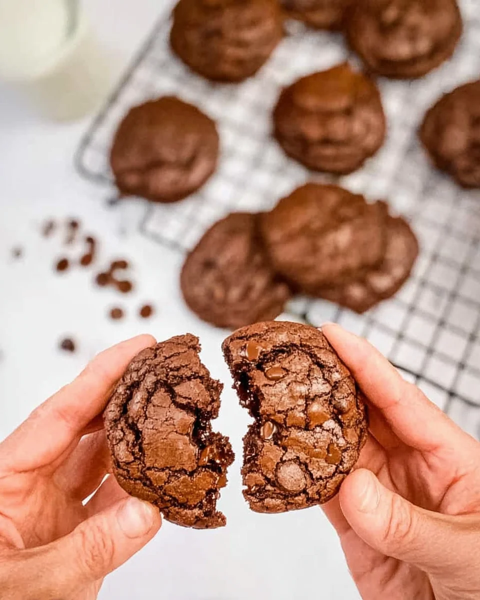 Someone breaking a double chocolate chip cookie in half. Someone breaking a double chocolate chip cookie in half.