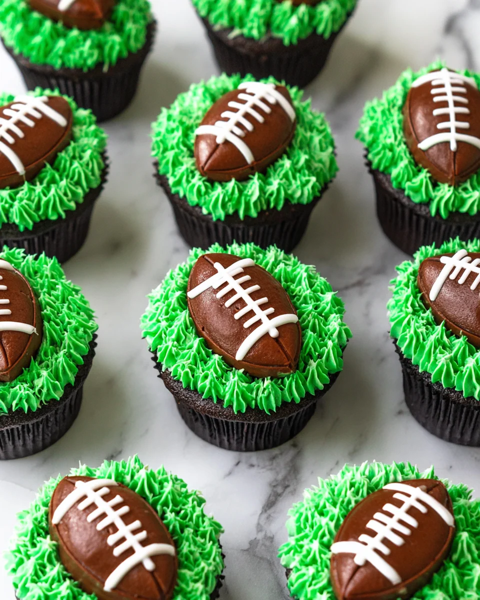 finished football cupcakes set on a marble background