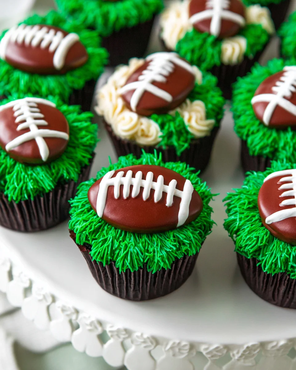 football cupcakes on white ruffle platter