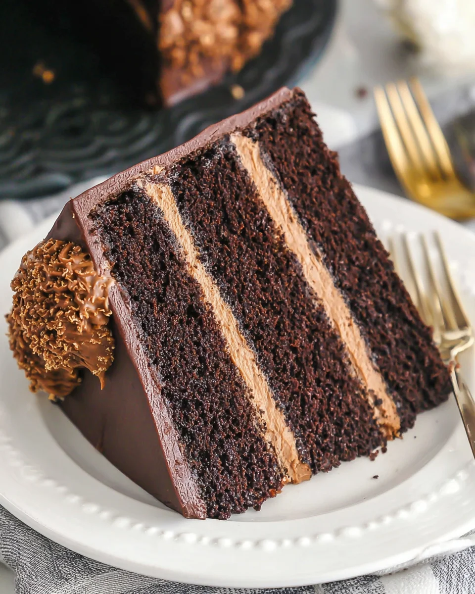 Made with 3 layers of moist chocolate cake, Nutella buttercream, and ganache, this Nutella Chocolate Cake recipe is rich & decadent. A slice of Nutella chocolate cake on a white plate