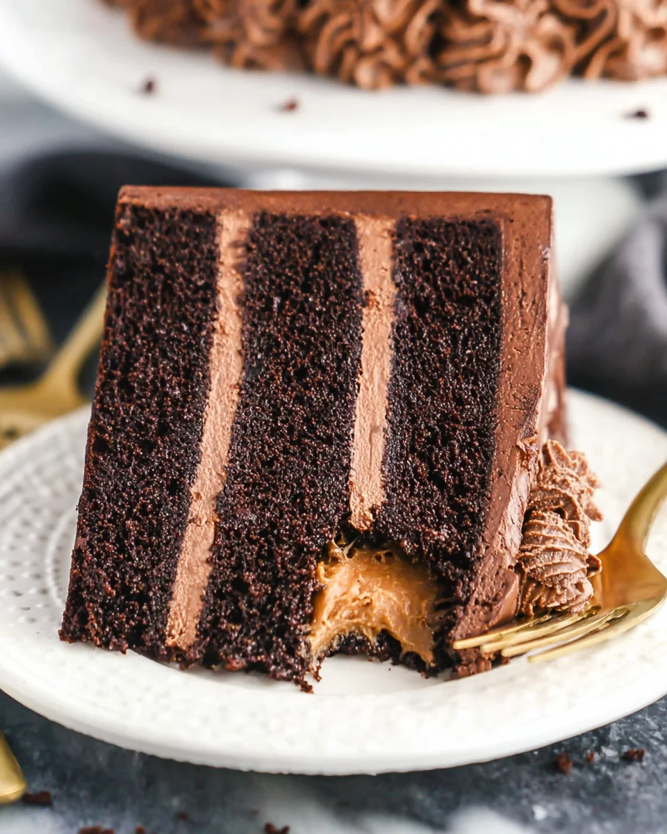 A slice of Nutella chocolate cake on a white plate with a bite taken out A slice of Nutella chocolate cake on a white plate with a bite taken out