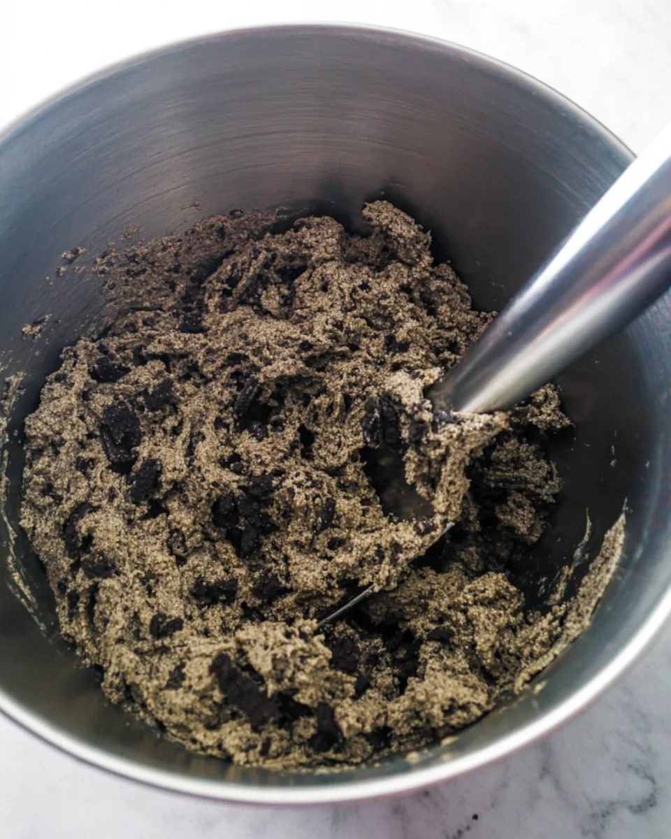 A spatula stirring Oreo cookie dough