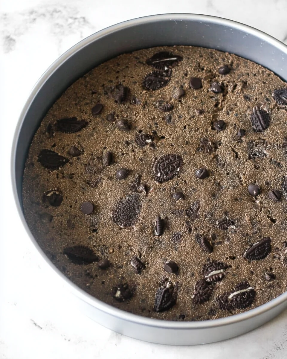 Oreo cookie dough in a cake pan