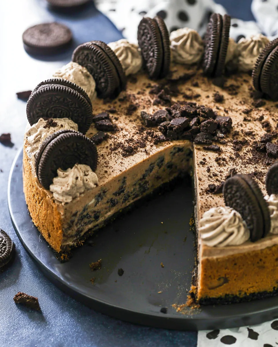 An Oreo cookie cake with one slice missing