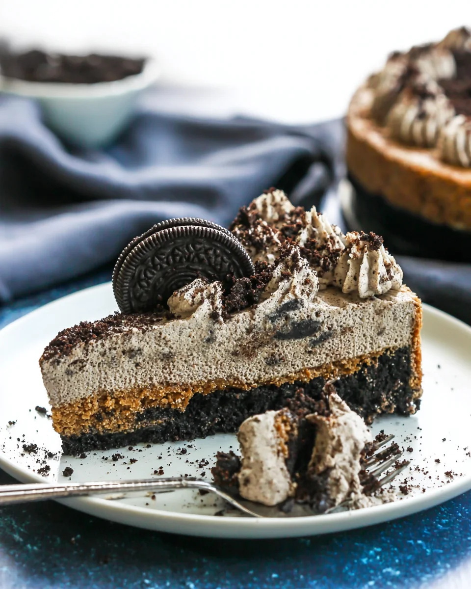 A slice of Oreo cookie cake on a plate