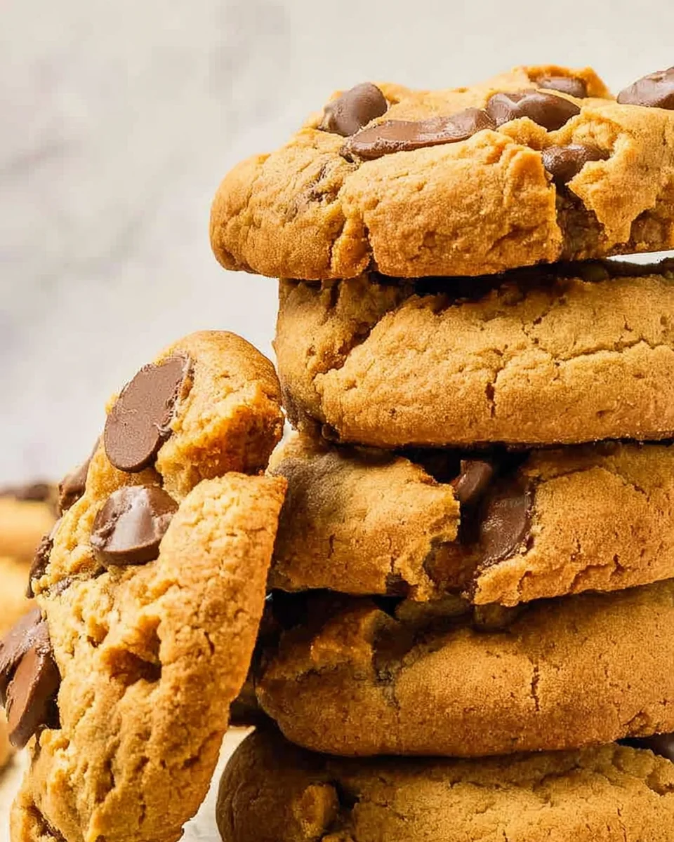 Peanut butter chocolate chip cookies stacked in a pile. Peanut butter chocolate chip cookies stacked in a pile.