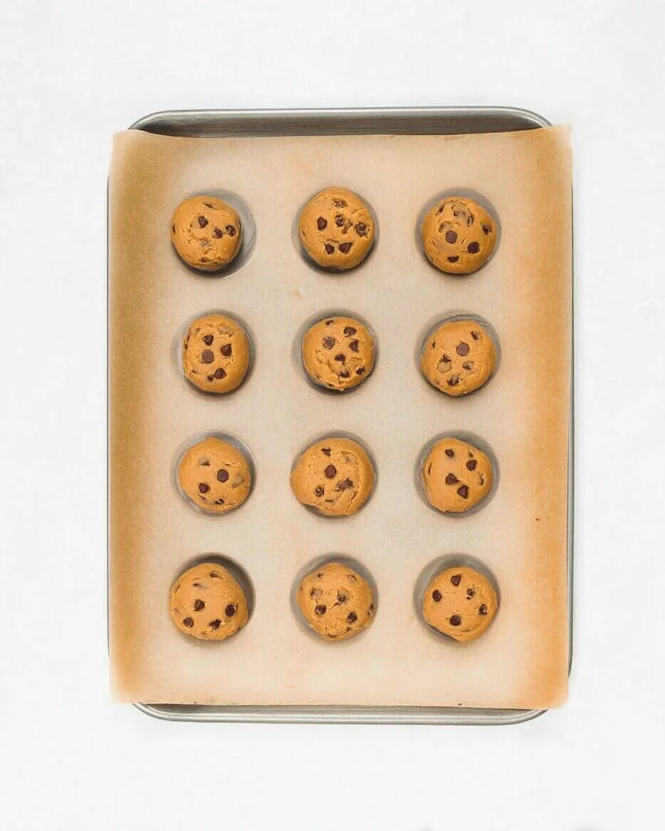 Peanut butter chocolate chip cookie dough balls on a baking sheet, ready to cook. Peanut butter chocolate chip cookie dough balls on a baking sheet, ready to cook.