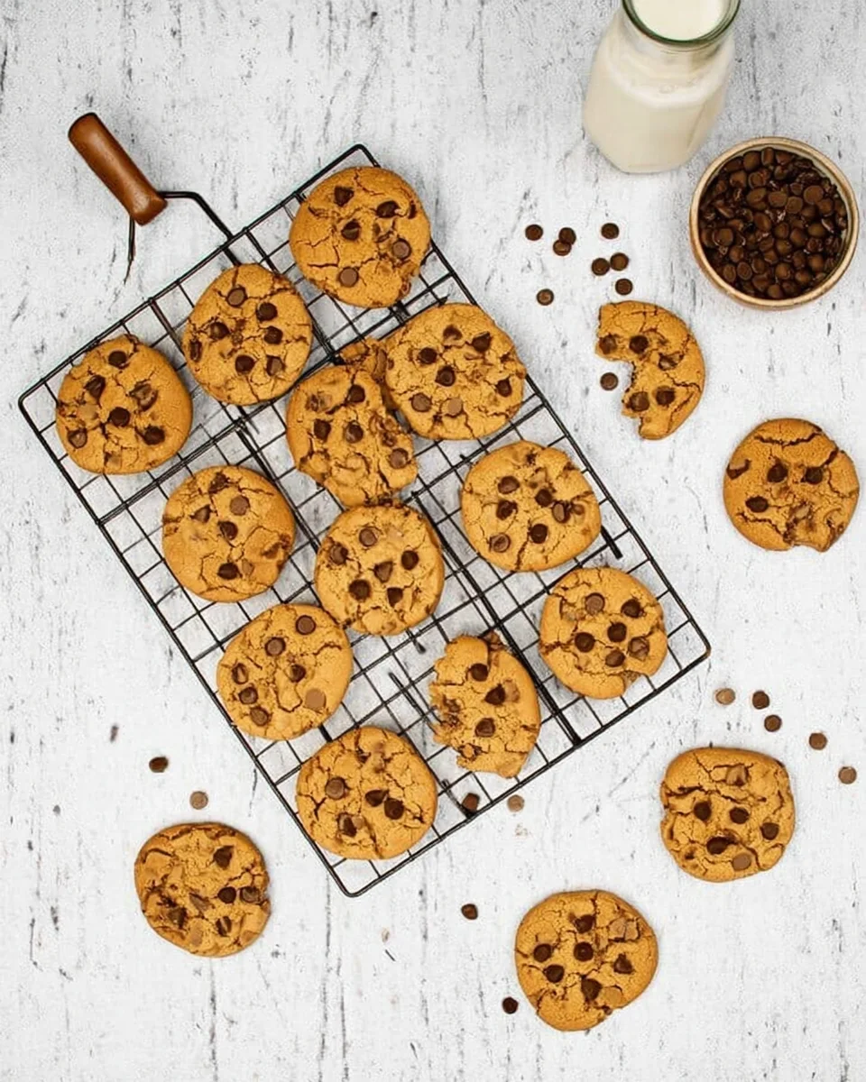 A wire rack with Peanut butter chocolate chip cookies on it. A wire rack with Peanut butter chocolate chip cookies on it.