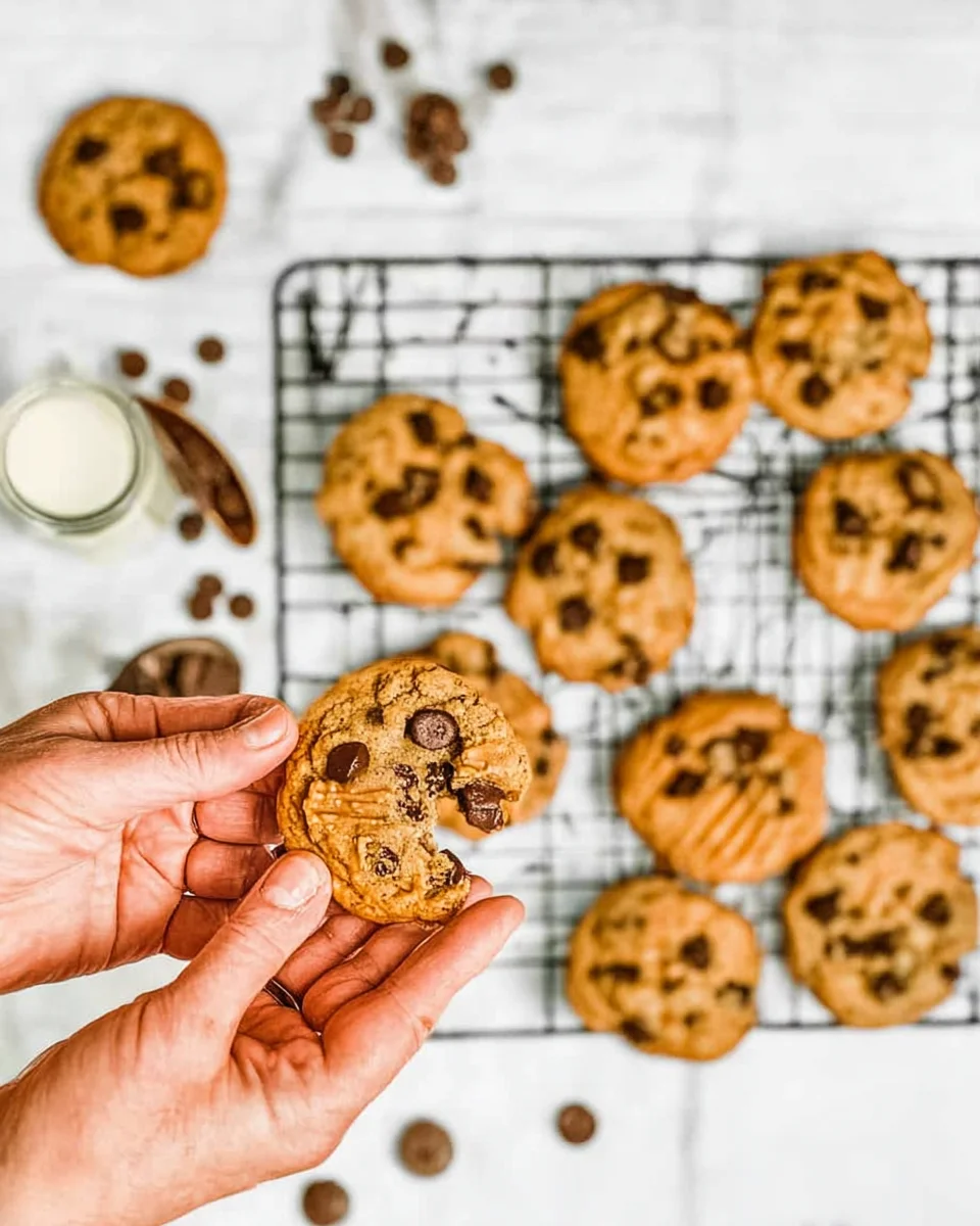 Someone breaking apart a Peanut butter chocolate chip cookie, and other cookies on a wire rack. Someone breaking apart a Peanut butter chocolate chip cookie, and other cookies on a wire rack.
