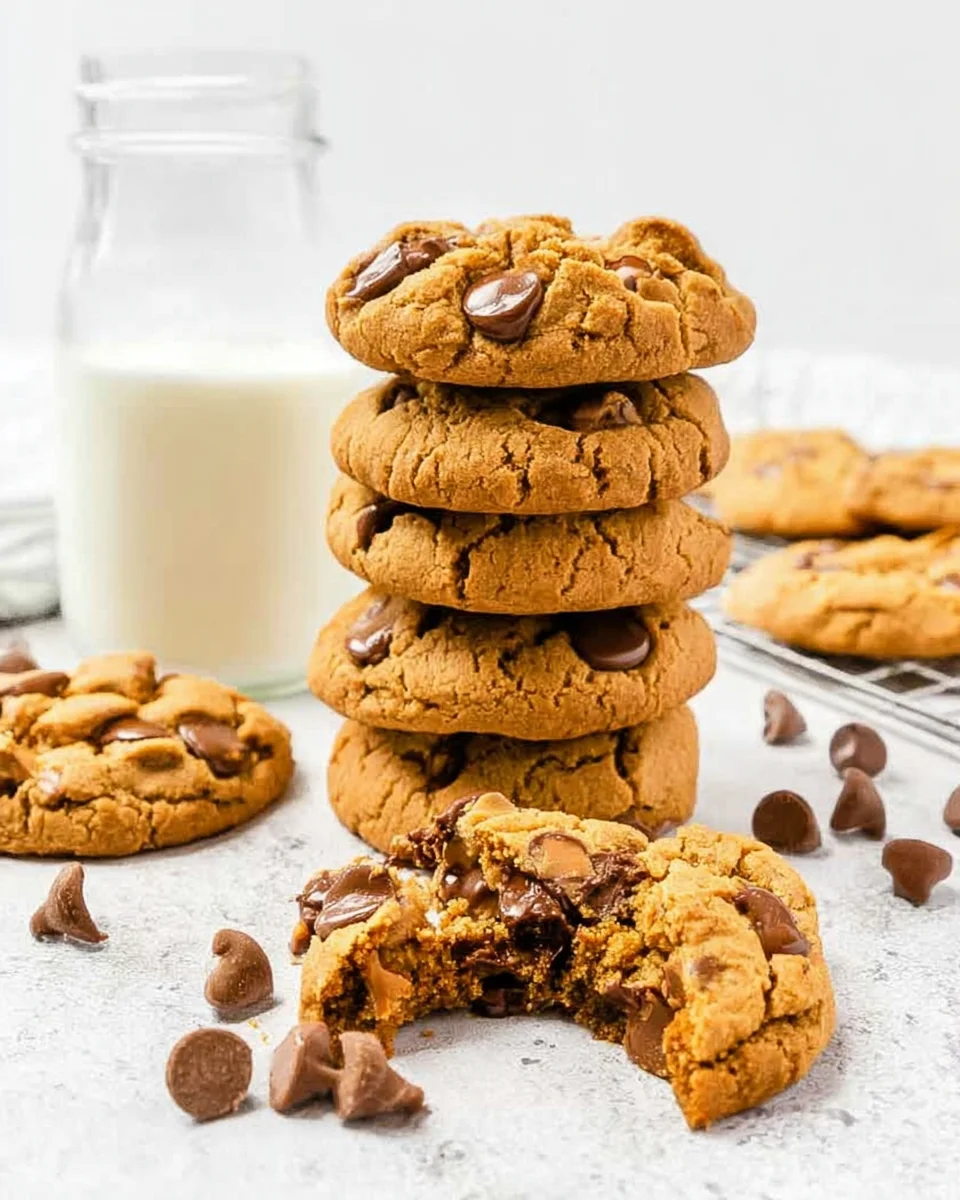A stack of Peanut butter chocolate chip cookies, with one cookie having a bite taken out of it and a jar of milk. A stack of Peanut butter chocolate chip cookies, with one cookie having a bite taken out of it and a jar of milk.